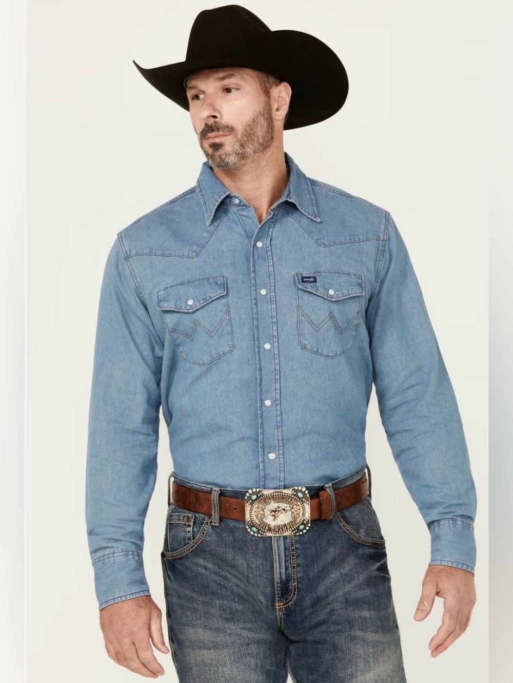 Wrangler Light Blue Denim Western Button-Down Shirt
